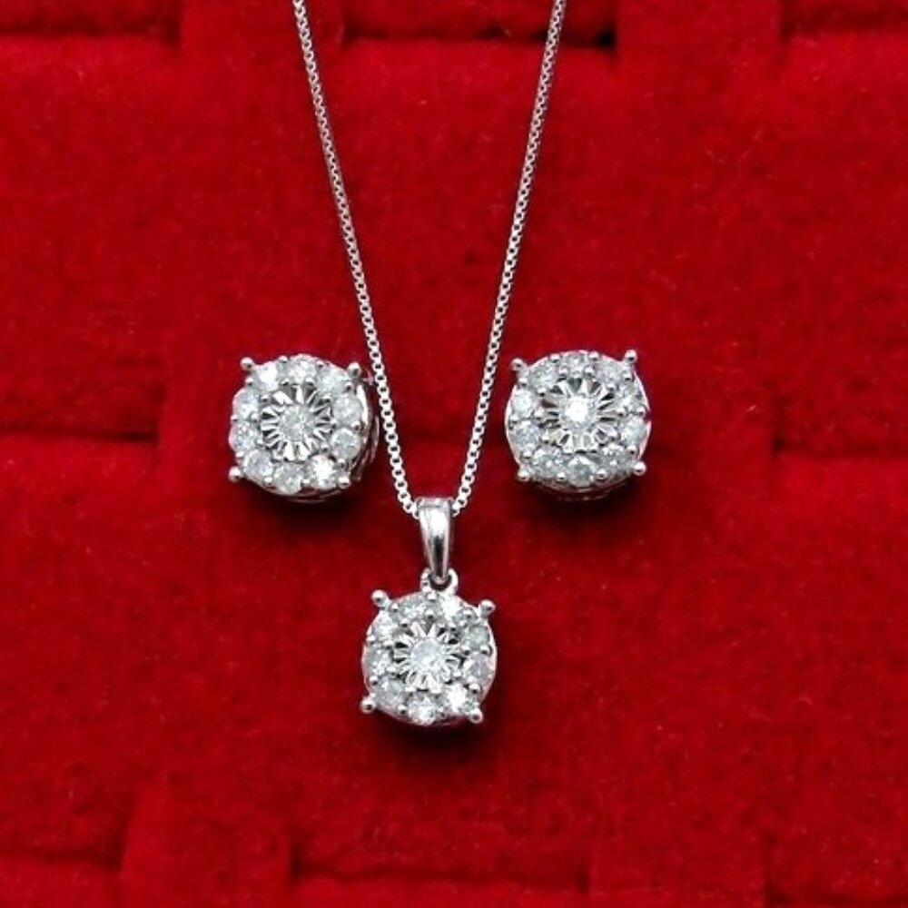 Diamond Halo Necklace & Earring Gift Set (1.00 ctw) Silver Genuine Natural Real